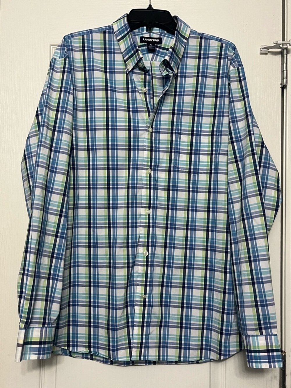 Lands' End Men's Blue, Green & White Plaid Button-Down Shirt